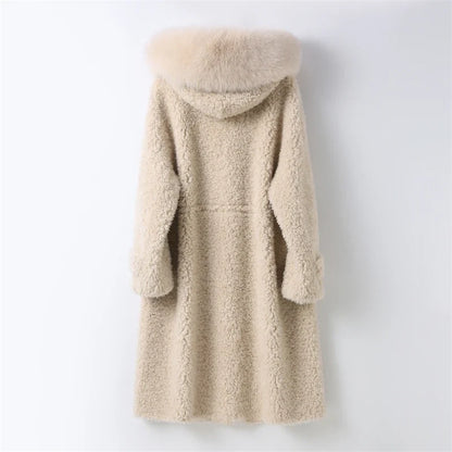 Damen Dufflecoat im Teddy-Stil mit Kapuze und Fellkragen Beige