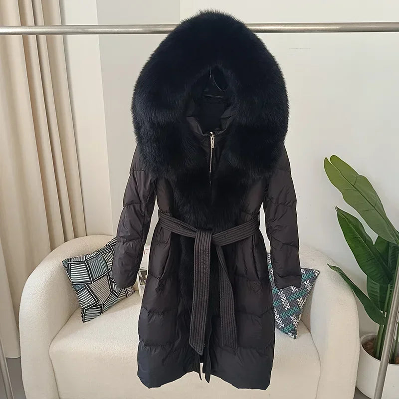 Damen Daunenmantel mit Pelzkapuze und Bindegürtel, gepolstert, lange Winterjacke