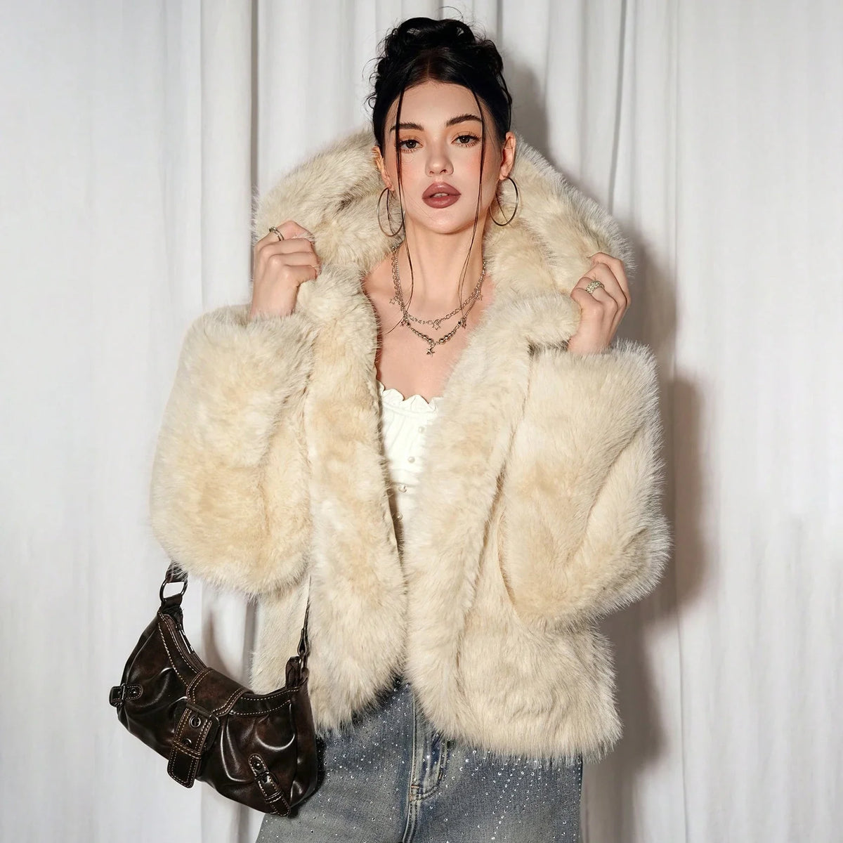 Women's cream-white faux fur jacket plush faux fur jacket winter