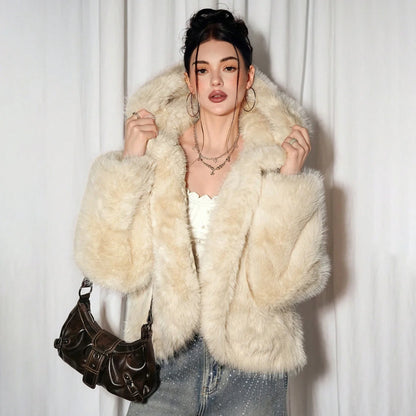 Women's cream-white faux fur jacket plush faux fur jacket winter