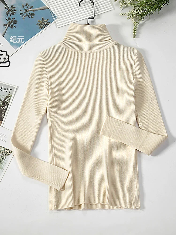 Ribbed women's basic long-sleeved turtleneck sweater