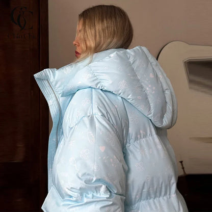 Damen Steppjacke mit Muster, Kapuze & Fäustlingen, locker geschnitten