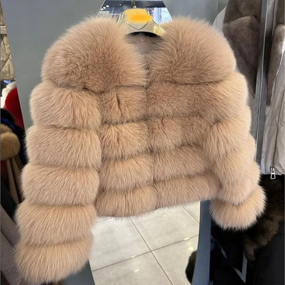Women's faux fur jacket with voluminous sleeves and high collar
