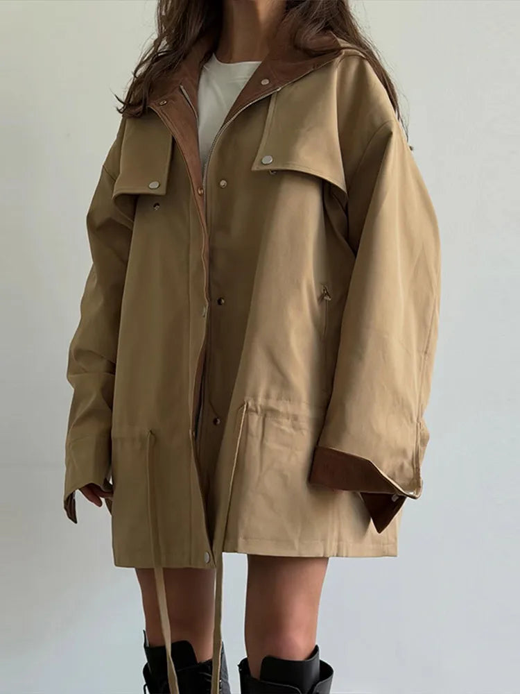 Women's beige oversized-style jacket with drawstring and contrasting collar
