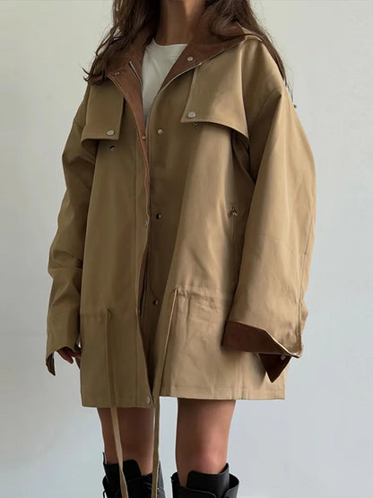 Women's beige oversized-style jacket with drawstring and contrasting collar