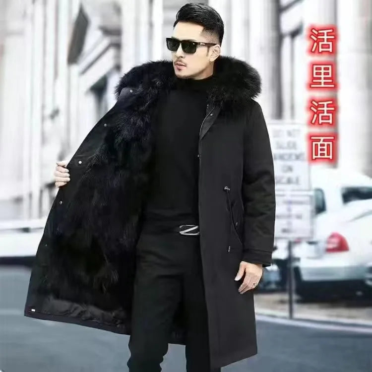 Men's winter parka with removable faux-fur lining and hood