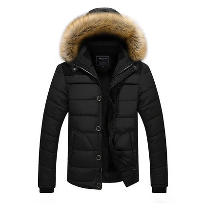 Herren Winterjacke mit Kapuze und Kunstfellbesatz, gesteppt, warm gefüttert