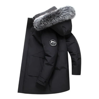 Men's winter parka with hood and faux fur collar, long winter jacket