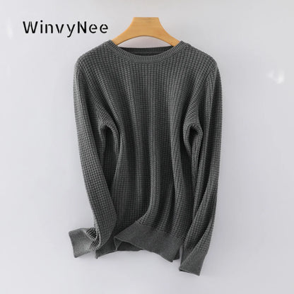 Women's Waffle-Knit Long-Sleeve Crewneck Basic Sweater