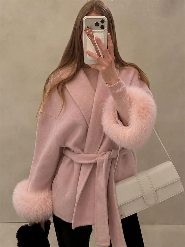 Short women's wrap coat with faux-fur sleeves and tie belt