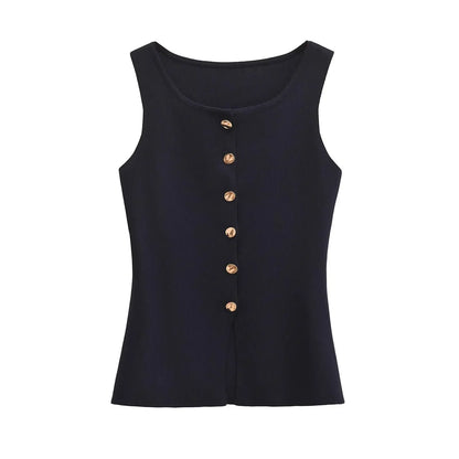 Women's sleeveless top with round neck and buttons - front slit
