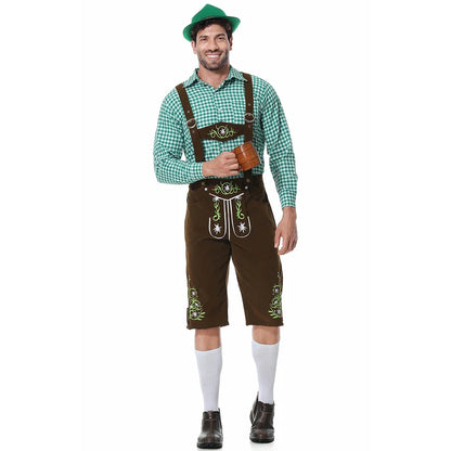 Men's traditional leather pants set with shirt and suspenders, black or brown