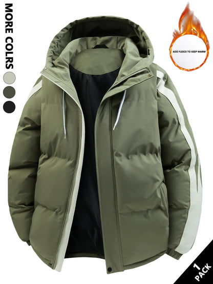Padded men's winter jacket with hood and stripes - Warm puffer jacket