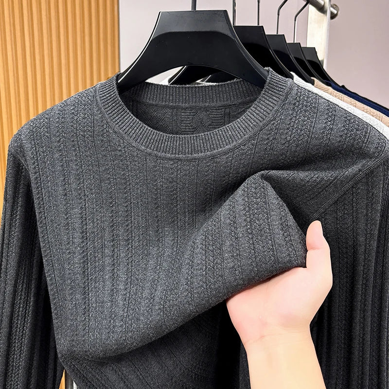 Men's Long-Sleeve Shirt Crew Neck Fine-Knit Ribbed Texture