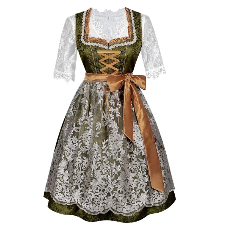 Dirndl Grün Weiß mit Spitzenbluse und Satinband