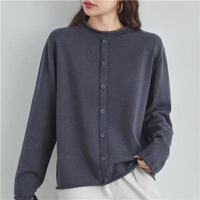 Damen Cardigan Rundhals Langarm Strickjacke mit Knöpfen