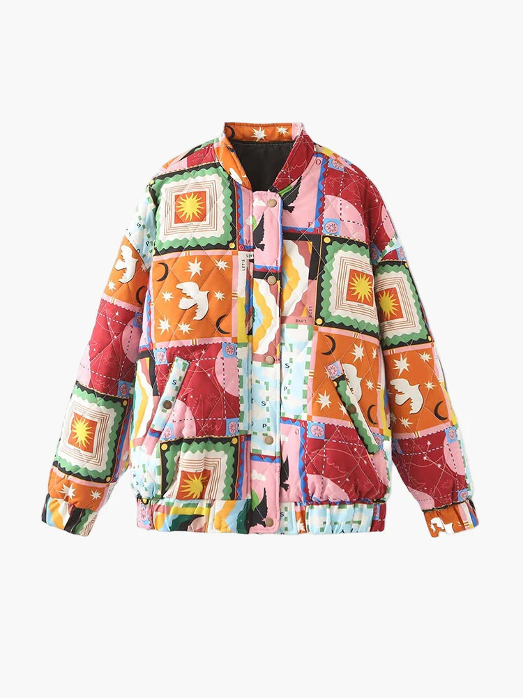 Damen Patchwork Vintage Bomberjacke – Modische Freizeitjacke im Retro-Stil