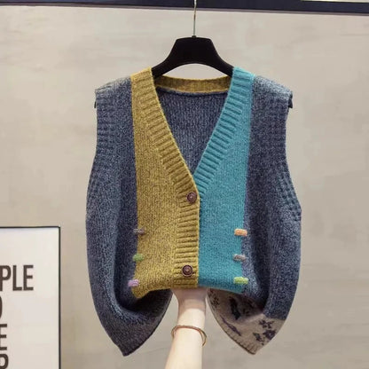 Women's knitted vest with V-neck, color mix, and sleeveless design