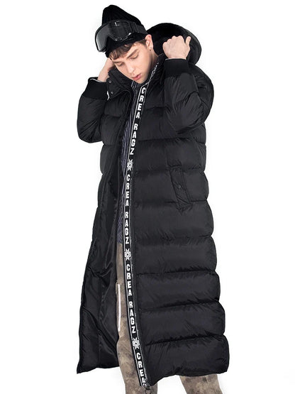 Long black men's puffer coat with hood