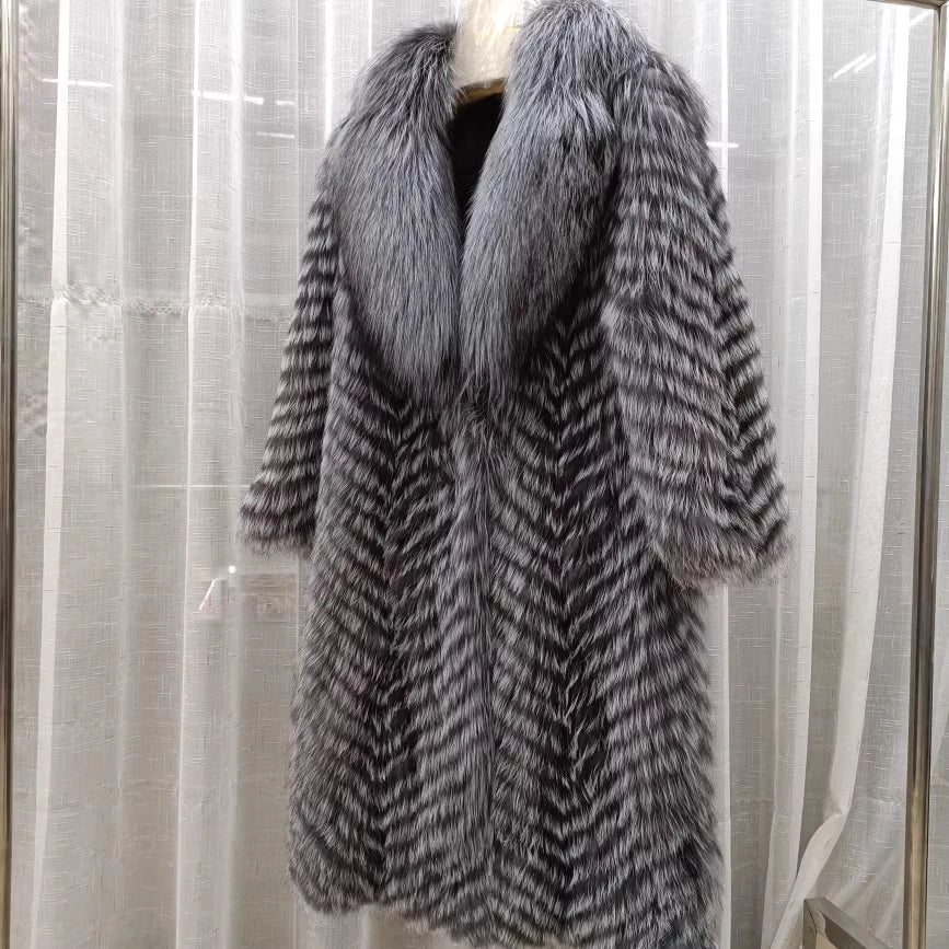 Long women's faux-fur coat with chevron pattern, warm winter coat