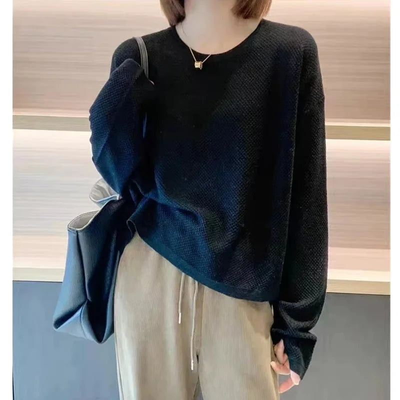 Women's Long-Sleeved Textured Crew-Neck Top, Comfortable Casual Shirt