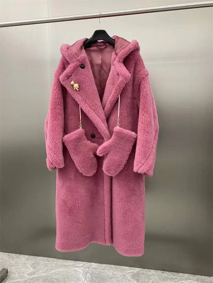 Women's long teddy coat with hood & teddy brooch