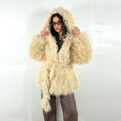 Women's fluffy hooded jacket with tie belt shaggy look