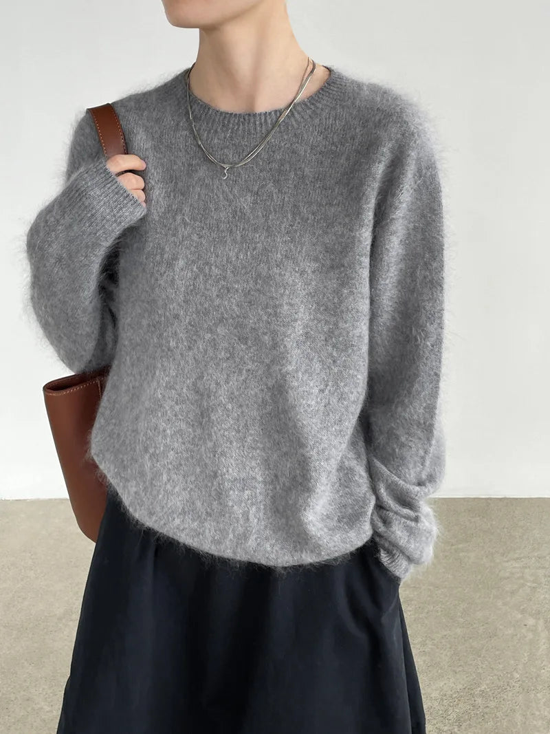 [LANMREM] Dames Fleece Gevoerde Ronde Hals Wollen Gebreide Trui Zachte Pluizige Slim Fit Sfeervolle Pullover Voor Herfst Winter 26E04076