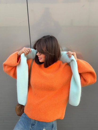 Damen Flauschiger Rundhals-Pullover in Olivgrün