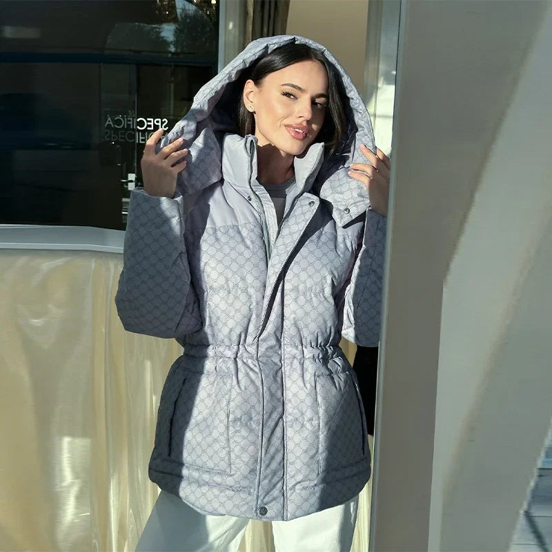 Women's down jacket, winter jacket, puffer jacket with hood, stand-up collar, and adjustable waist