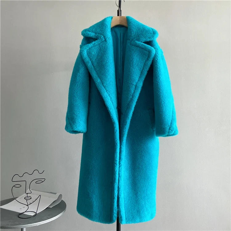 Damen Teddyfell-Mantel Lang Zweireihig Beige Winter