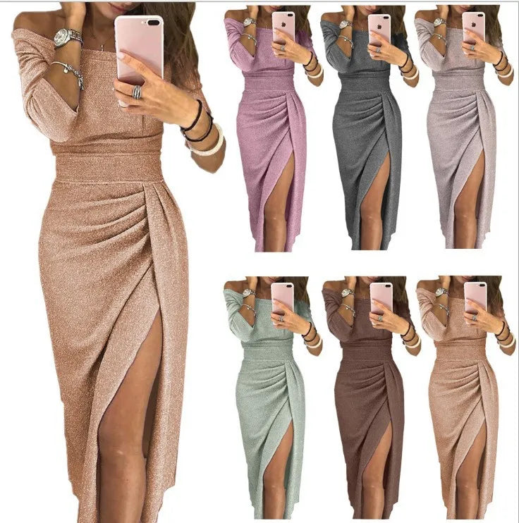 Women's off-shoulder evening dress with high slit and ruching – elegant party and cocktail dress