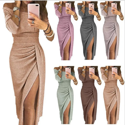 Women's off-shoulder evening dress with high slit and ruching – elegant party and cocktail dress