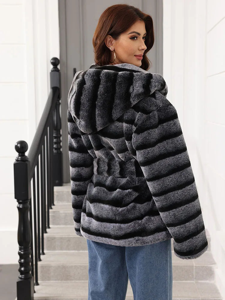 Women's striped faux-fur jacket with hood and tie belt