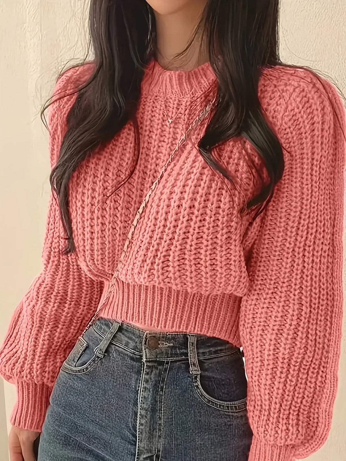 Women's Chunky-Knit Cropped Crew-Neck Long-Sleeve Sweater