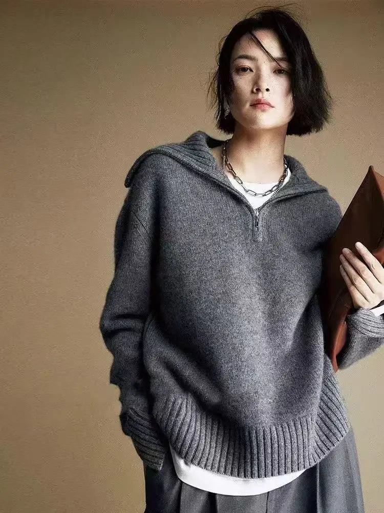 Turtleneck knit sweater with zipper, chunky ribbed