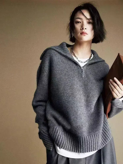 Turtleneck knit sweater with zipper, chunky ribbed