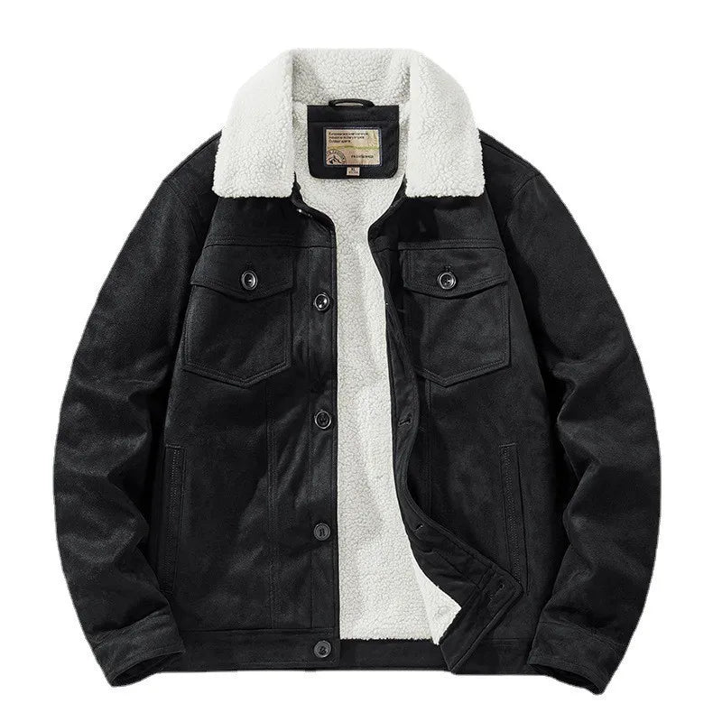 Men's Winter Jacket Suede Look with Teddy Lining, Button Closure
