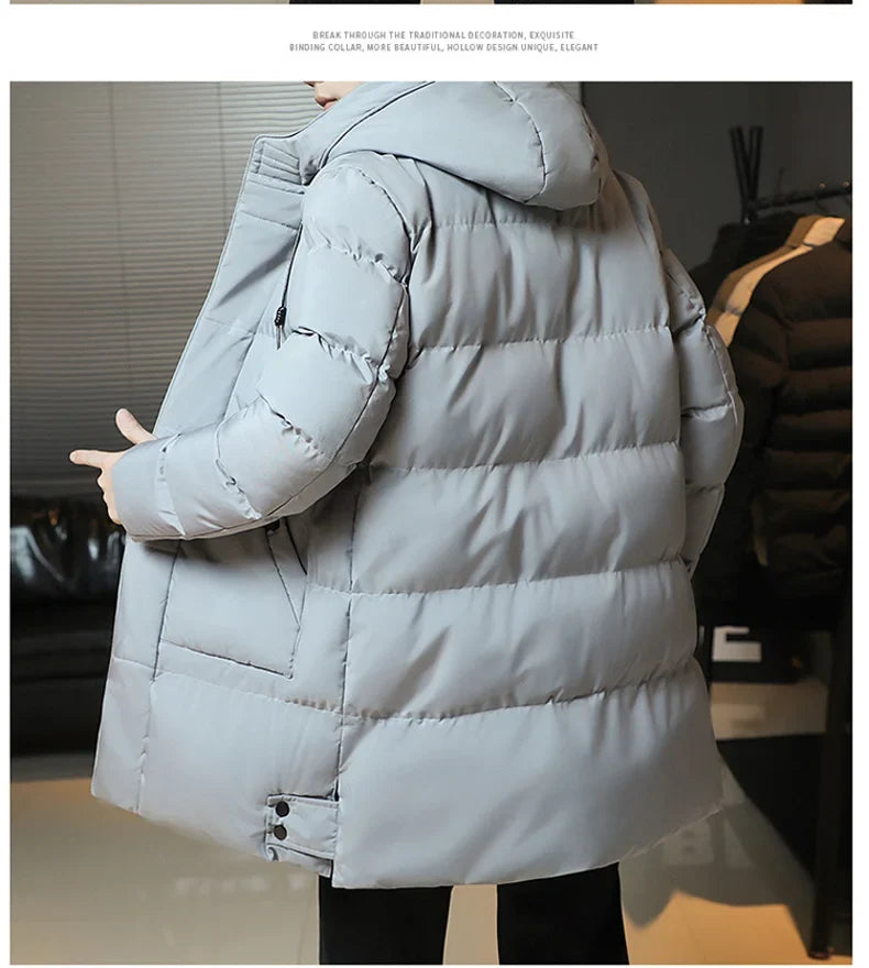 Men's long winter padded coat with hood, warm and lined