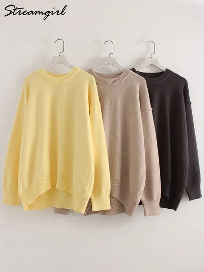 Women's Soft Oversized Crew Neck Long-Sleeve Knit Sweater Yellow
