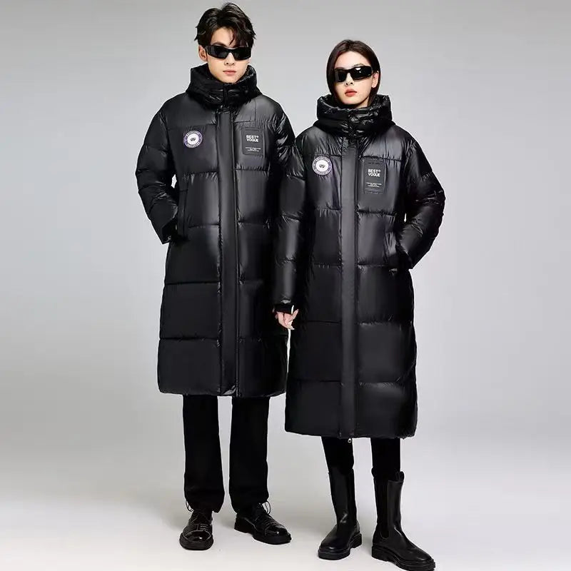 Unisex Long Black Puffer Coat with Hood