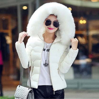 Women's quilted jacket with faux fur hood and zippers