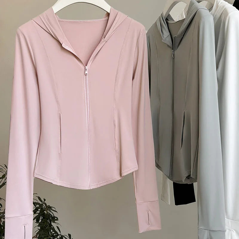 Damen Kapuzenjacke mit Reißverschluss, eng geschnitten, lange Ärmel