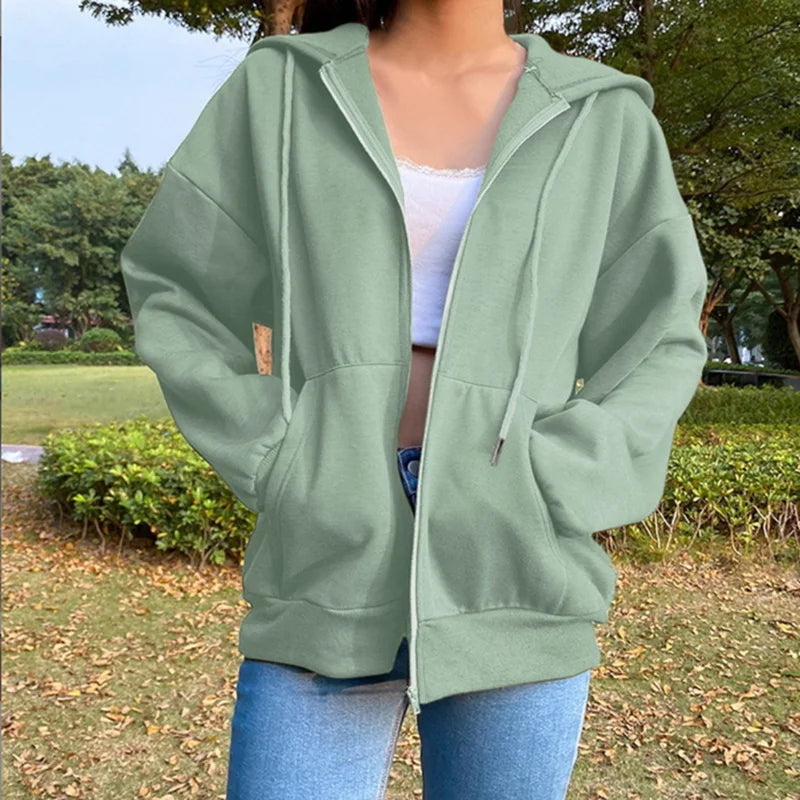 Women's Zip-Up Hoodie Jacket with Hood, Loose Fit