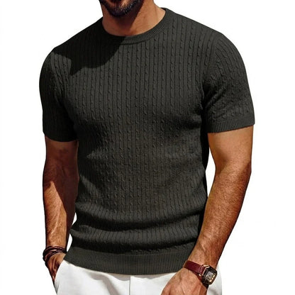 Men's short-sleeve knit pullover cable-knit pattern crew neck