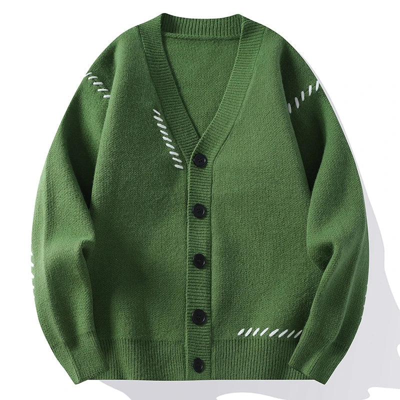 Unisex Strickjacke V-Ausschnitt Strick Cardigan mit Kontrastnähten Grün