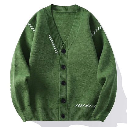Unisex Strickjacke V-Ausschnitt Strick Cardigan mit Kontrastnähten Grün