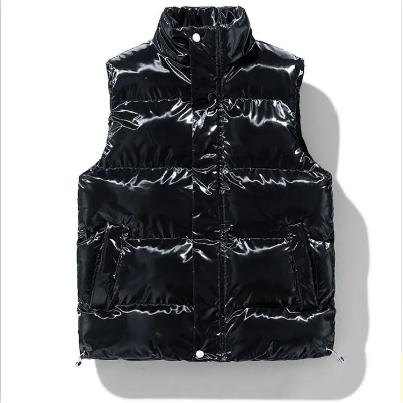 Shiny Quilted Vest for Men with Stand-Up Collar - Black
