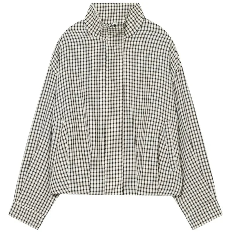 Damen Karo-Bluse Oversize Stehkragen Gesteppte Ärmel