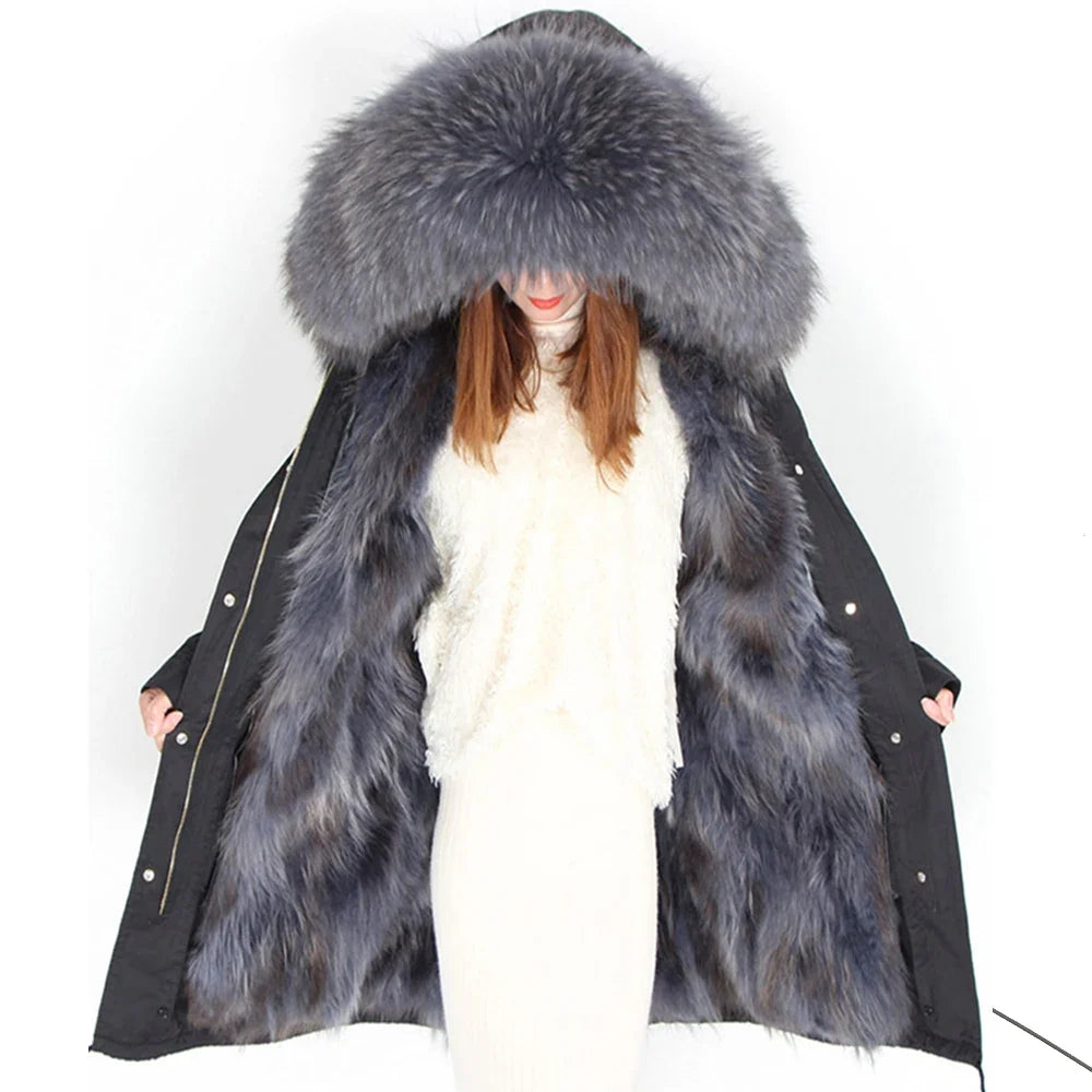 Long winter parka coat with hood and fur trim for women